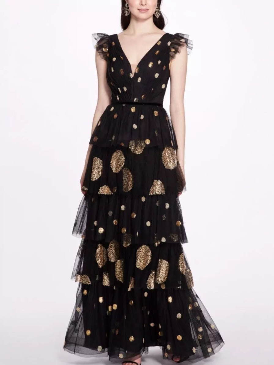 Dresses * | Marchesa Notte Flutter Sleeve V-Neck Gown Black