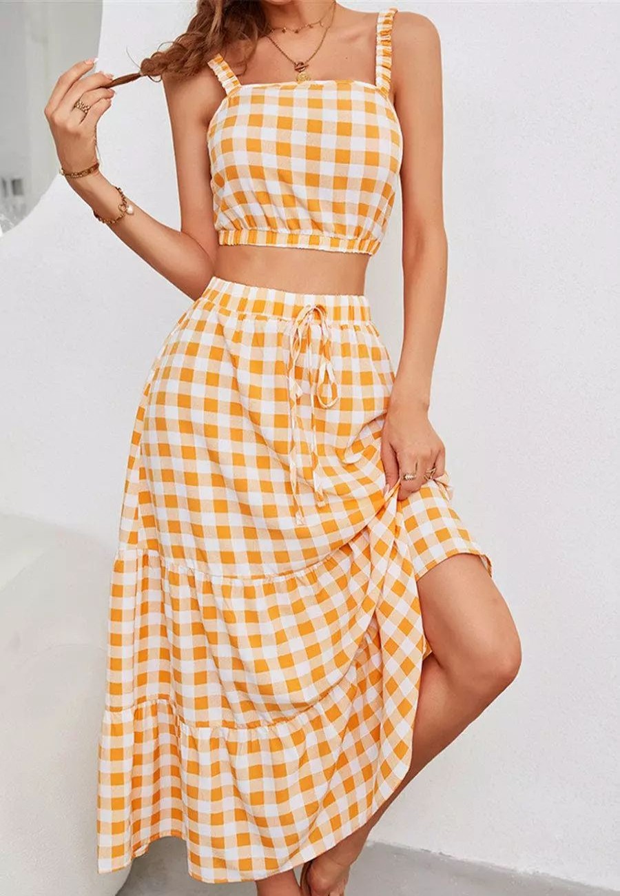 Skirts * | Anna-Kaci Gingham Crop Top And Skirt Coordinates Yellow