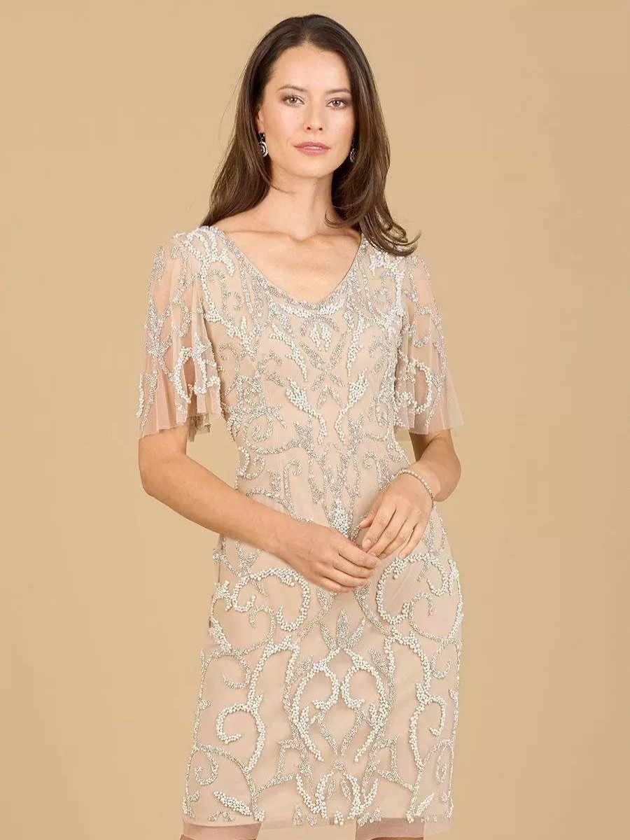 Dresses * | Lara Beaded Short Dress With Cape Sleeves