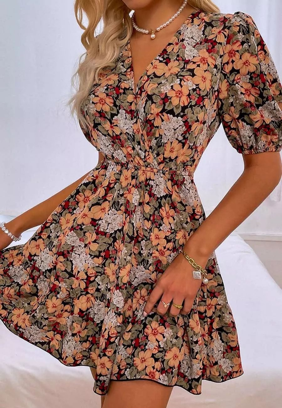 Dresses * | Anna-Kaci Open Tie Back Floral Dress Black