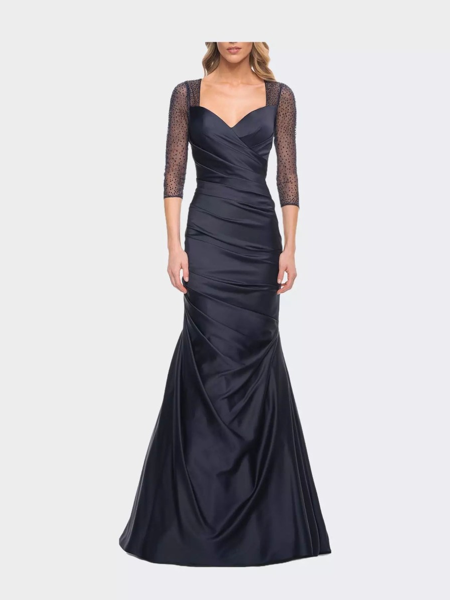 Dresses * | La Femme Mermaid Satin Pleated Gown With Illusion Beaded Sleeves Navy