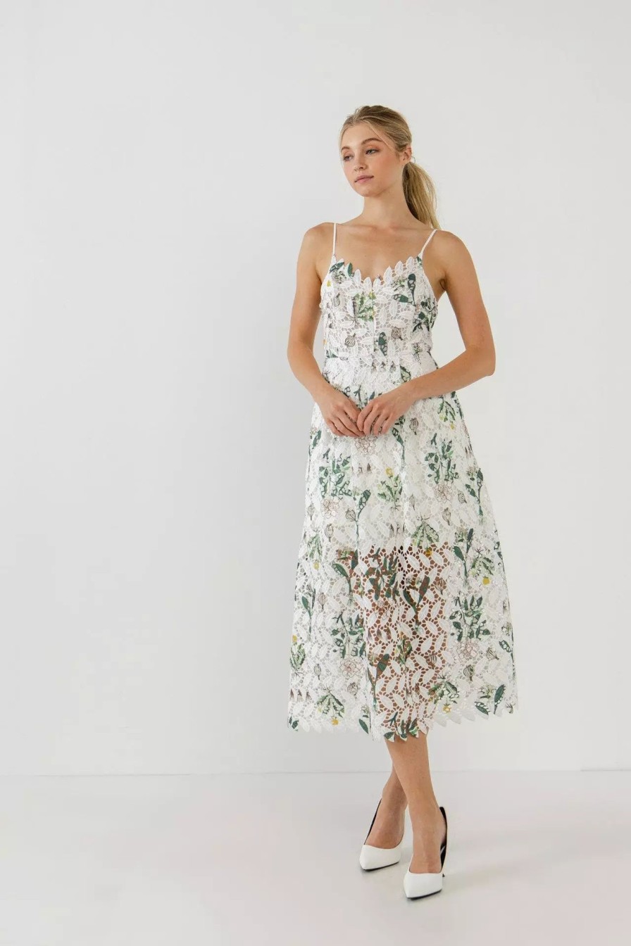 Dresses * | Endless Rose Floral Printed Lace Midi Dress White Multi