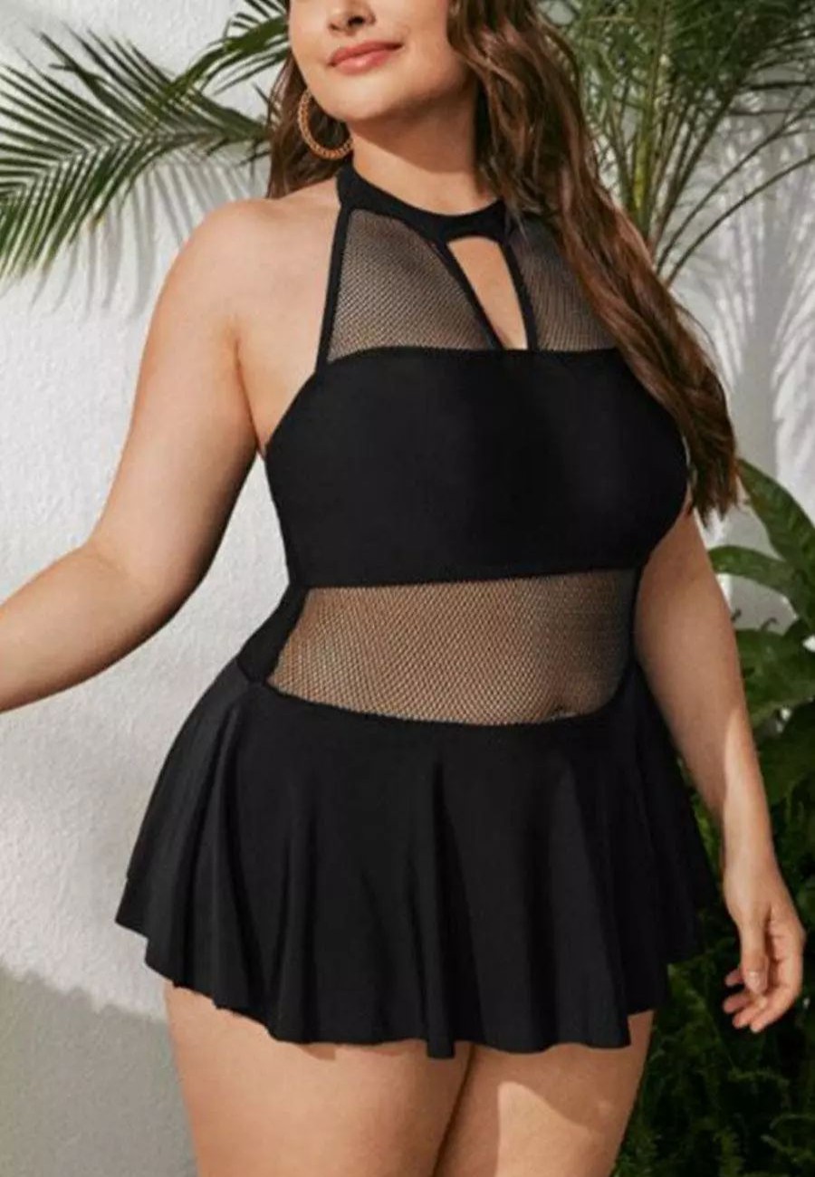 Skirts * | Anna-Kaci Plus High Halter Mesh Paneled Ruffled Skirt One-Piece Black