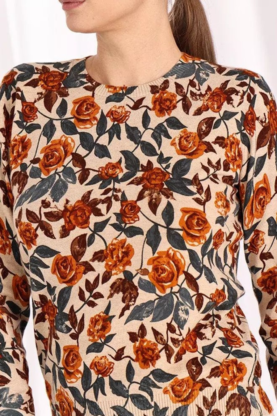 Sweatshirts & Sweaters * | Minnie Rose Cotton/Cashmere Floral Crew Fall Floral Print