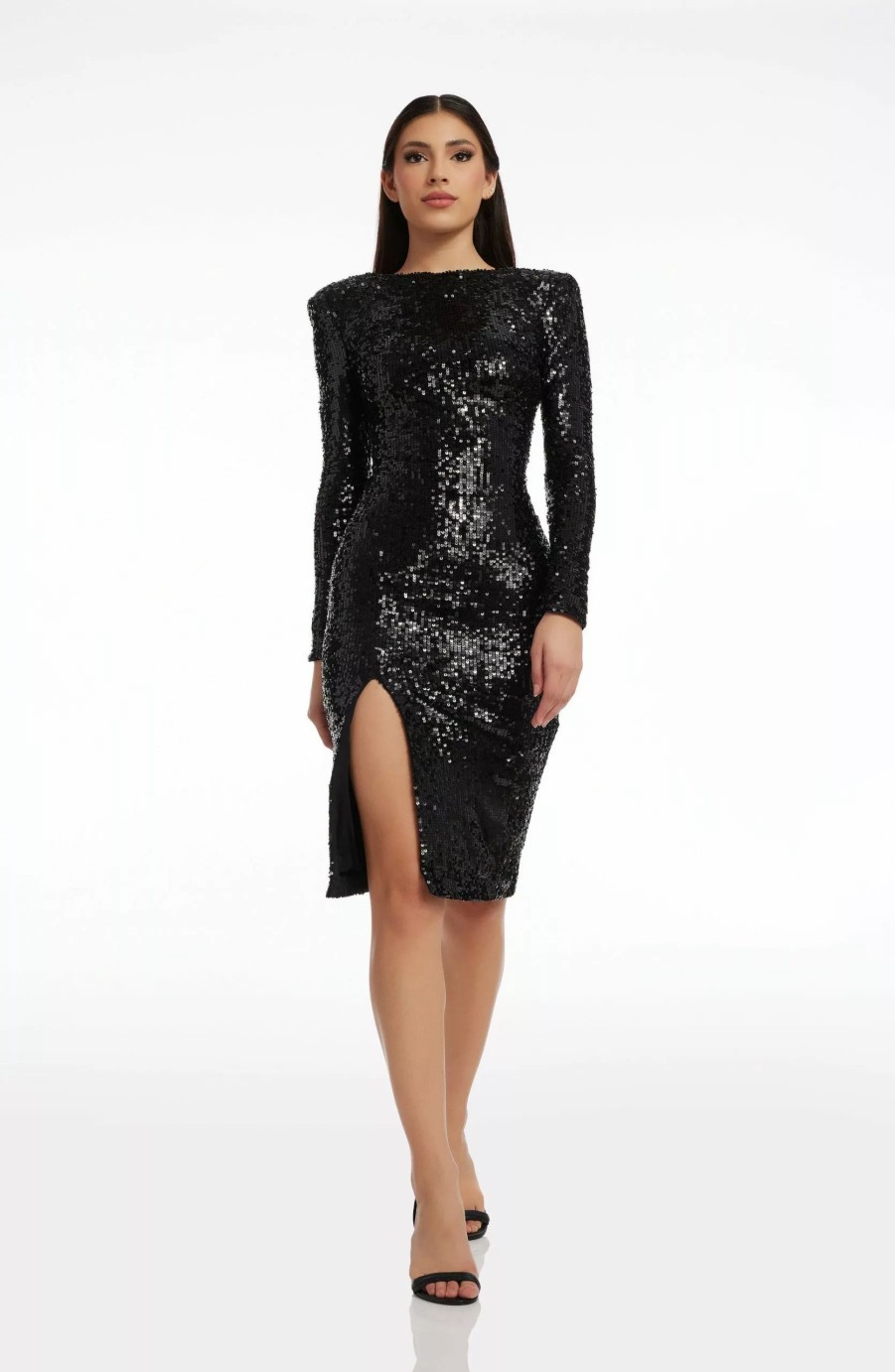 Dresses * | Dress The Population Natalie Long Sleeve Black Sequin Dress Jet Black Multi