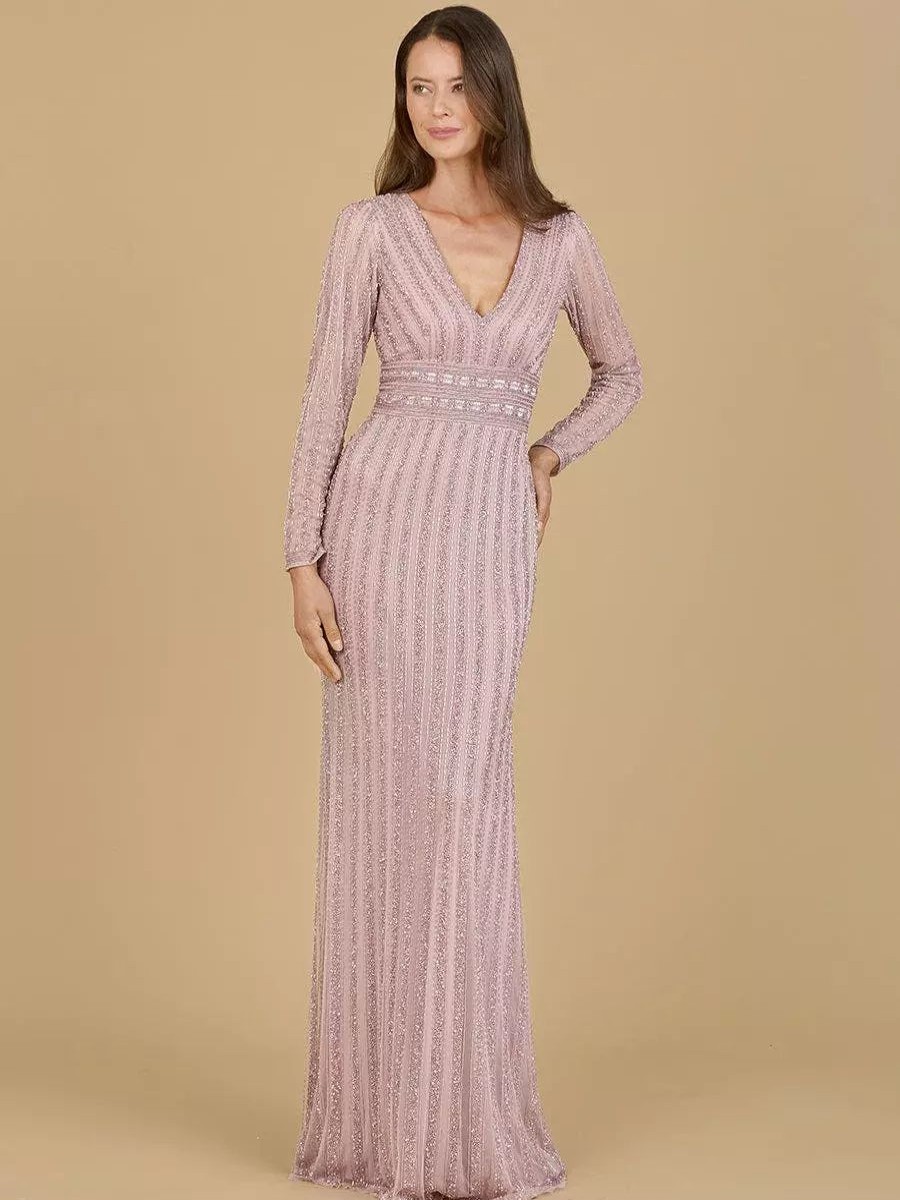 Dresses * | Lara Long Sleeve V-Neck Beaded Gown Dusty Rose