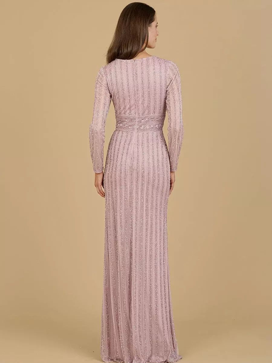 Dresses * | Lara Long Sleeve V-Neck Beaded Gown Dusty Rose