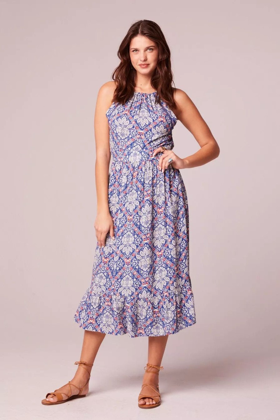 Dresses * | B.O.G. Collective Lia Blue Paisley Pattern Midi Dress Blue/Egret