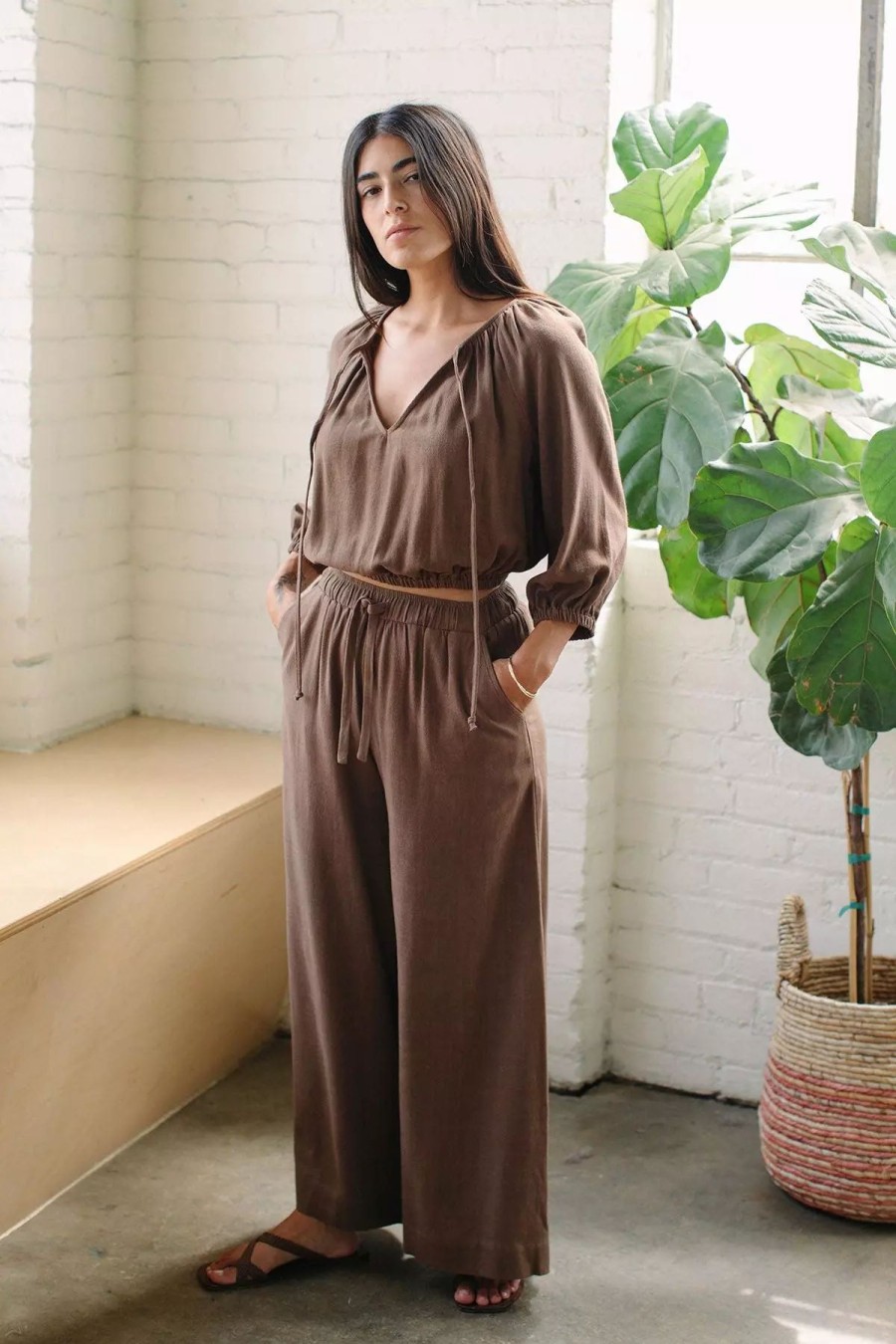 Bottoms * | Rachel Pally Linen Lyric Pant Chocolate