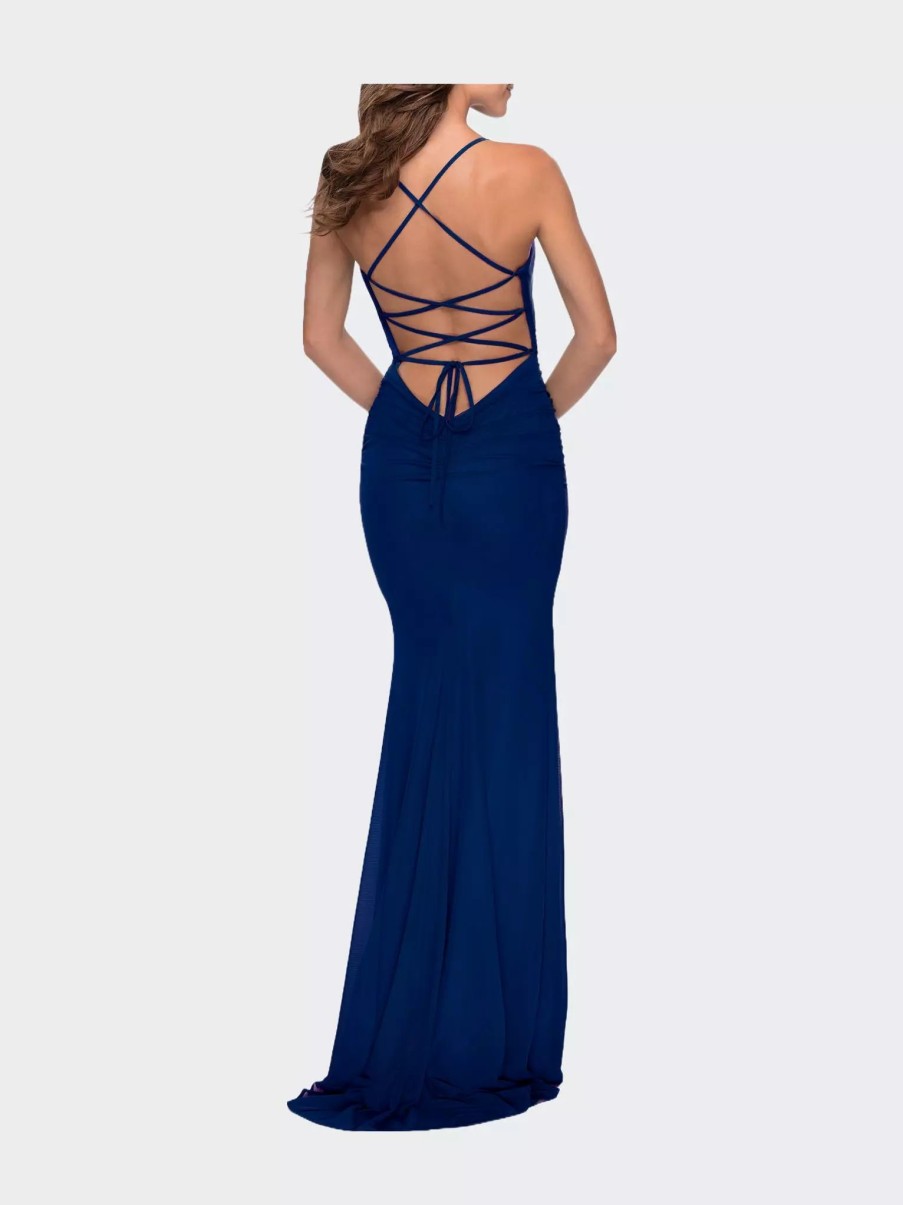 Dresses * | La Femme Itted Jersey Long Dress With Lace Up Back