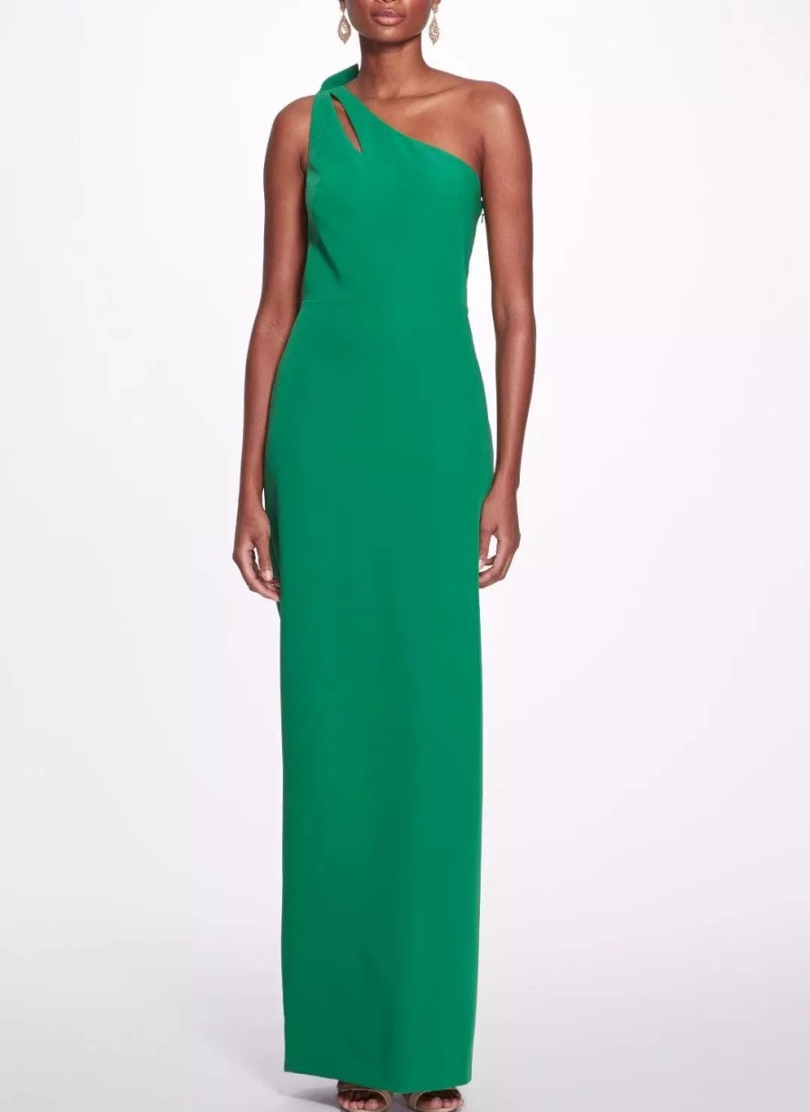 Dresses * | Marchesa Notte One-Shoulder Gown With Bow Detail Emerald