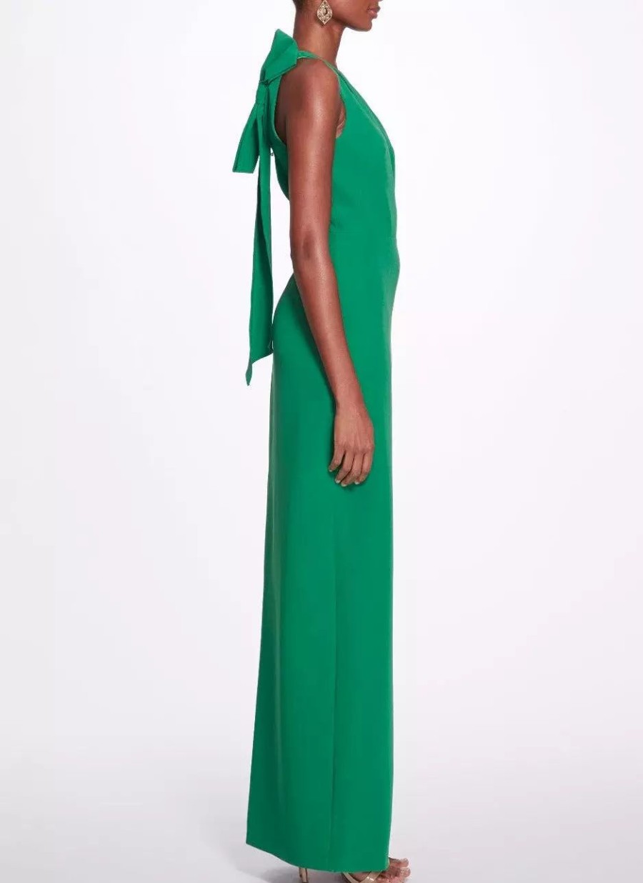 Dresses * | Marchesa Notte One-Shoulder Gown With Bow Detail Emerald