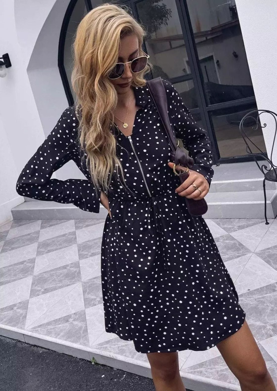 Dresses * | Anna-Kaci Zip Up Polka Dot Dress Black