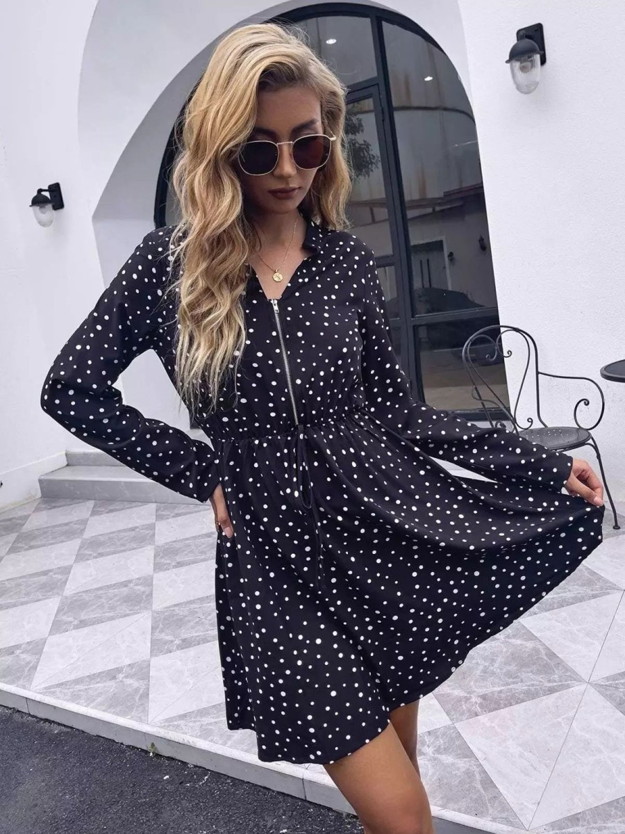 Dresses * | Anna-Kaci Zip Up Polka Dot Dress Black