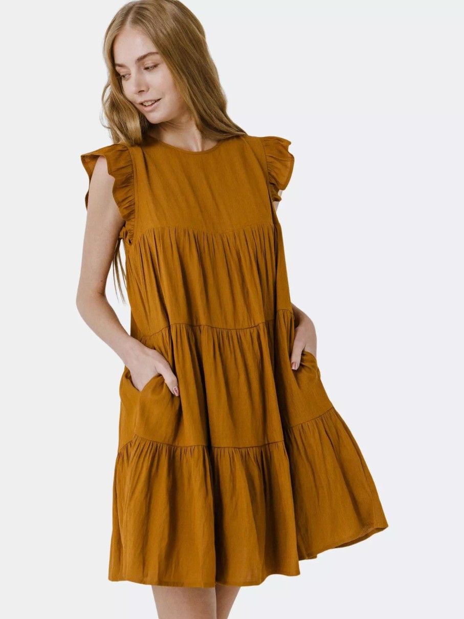 Dresses * | English Factory Ruffled Tiered Dress Brown