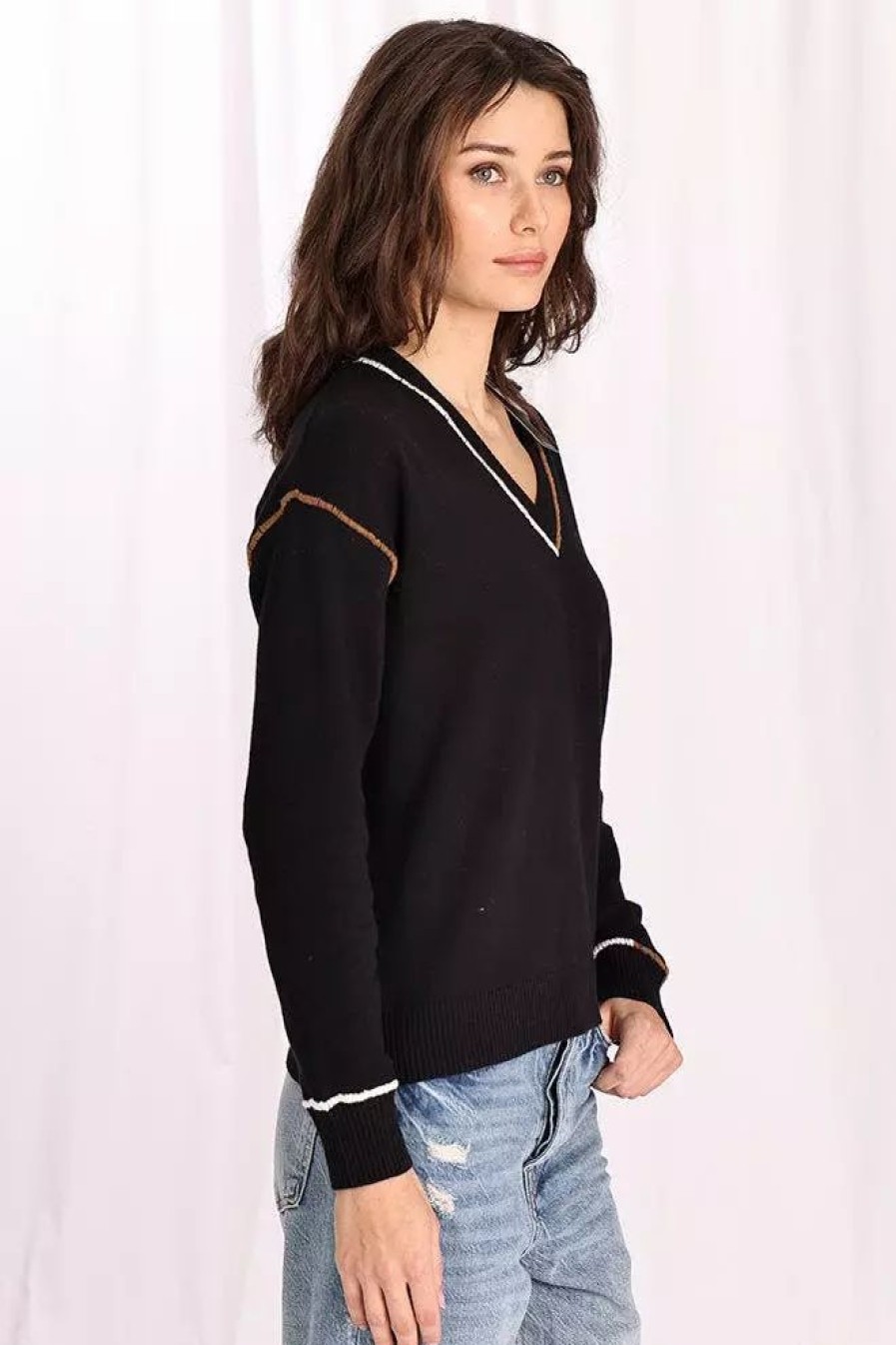 Sweatshirts & Sweaters * | Minnie Rose Cotton Cash V Neck Sweater With Stitch Detail