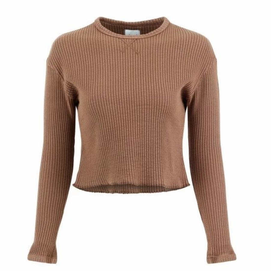 Sweatshirts & Sweaters * | Lezat Fiona Organic Cotton Waffle Thermal Pullover Top Sweatshirts & Sweaters Cocoa