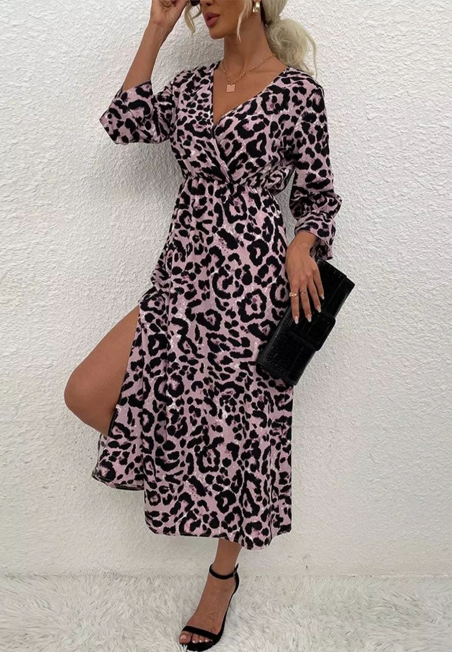 Dresses * | Anna-Kaci Leopard Print Three Quarter Sleeve Dress Mauve Pink