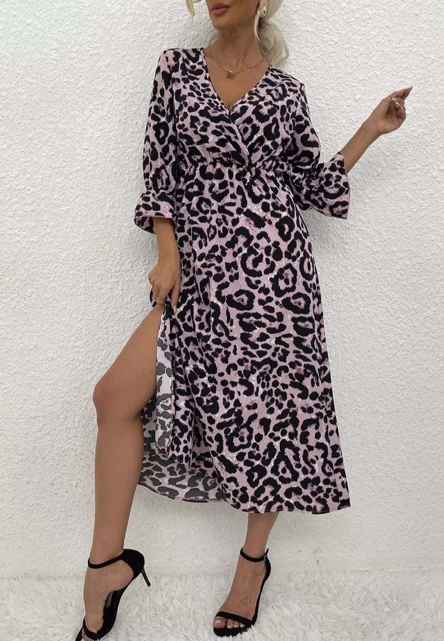 Dresses * | Anna-Kaci Leopard Print Three Quarter Sleeve Dress Mauve Pink