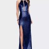 Dresses * | La Femme Ong Velvet Prom Dress With Leg Slit And Open Back Navy