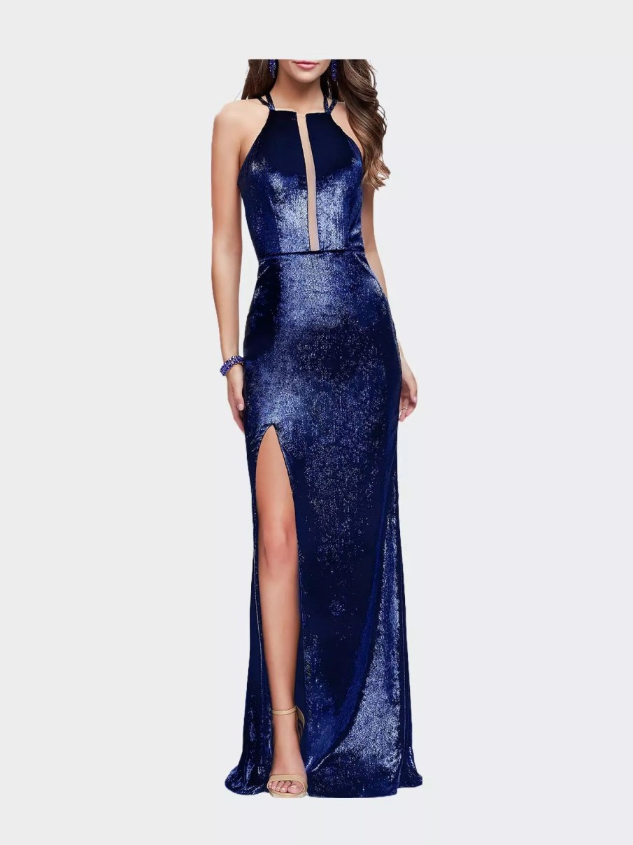 Dresses * | La Femme Ong Velvet Prom Dress With Leg Slit And Open Back Navy