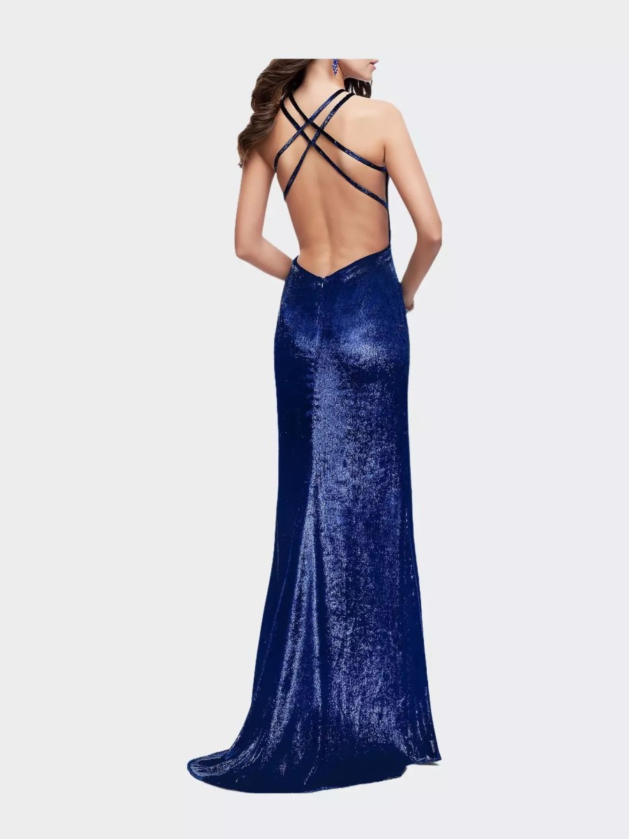 Dresses * | La Femme Ong Velvet Prom Dress With Leg Slit And Open Back Navy