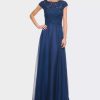 Dresses * | La Femme Chiffon Dress With Lace Bodice And Cap Sleeves Marine Blue