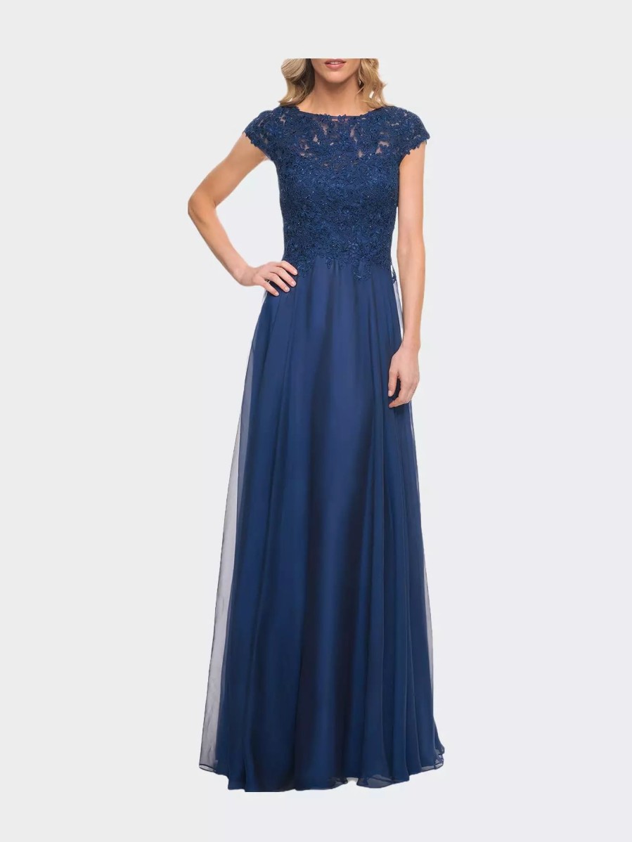 Dresses * | La Femme Chiffon Dress With Lace Bodice And Cap Sleeves Marine Blue