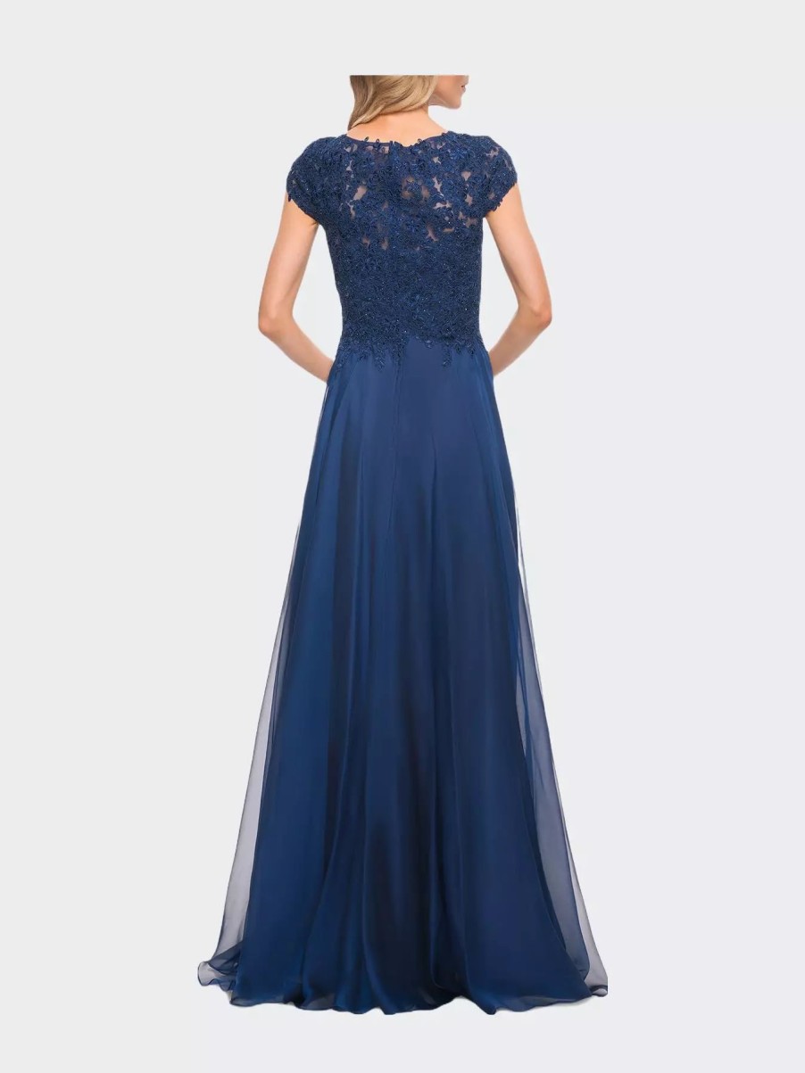 Dresses * | La Femme Chiffon Dress With Lace Bodice And Cap Sleeves Marine Blue