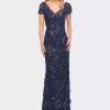 Dresses * | La Femme Stunning Beaded Long Gown With V Neckline Navy