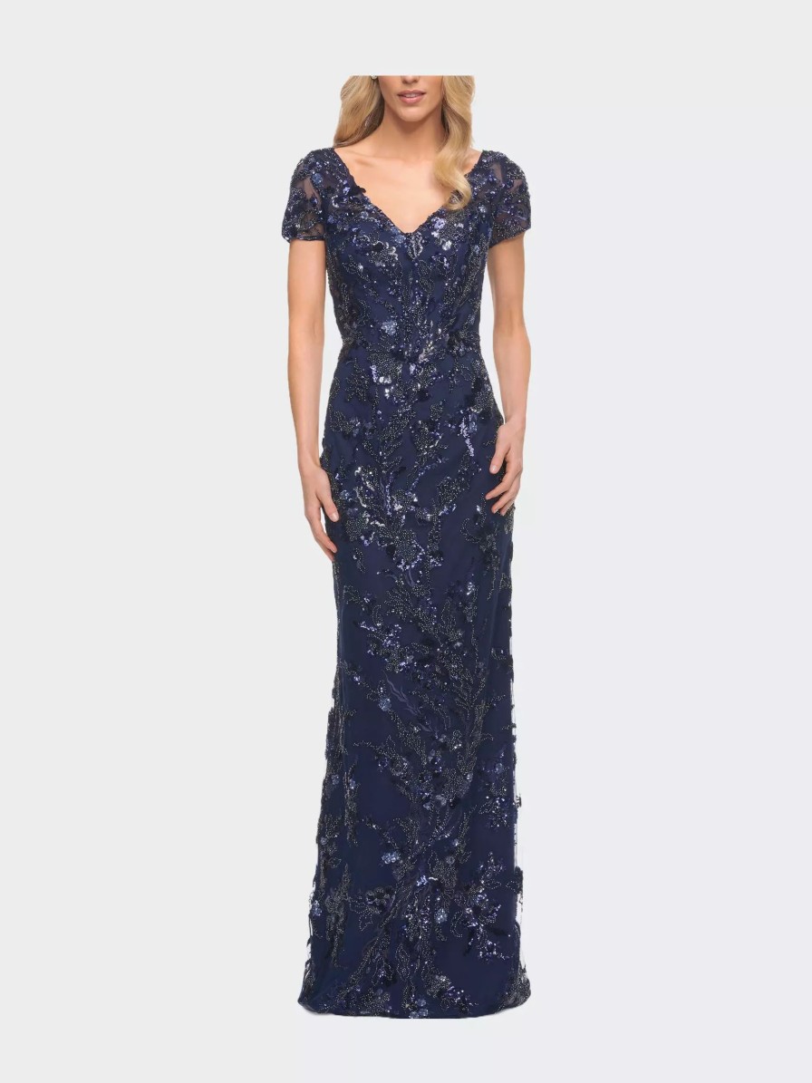 Dresses * | La Femme Stunning Beaded Long Gown With V Neckline Navy