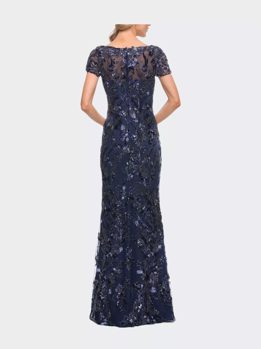 Dresses * | La Femme Stunning Beaded Long Gown With V Neckline Navy