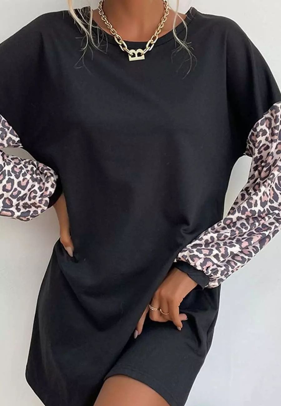 Dresses * | Anna-Kaci Two Tone Leopard Print Dress Black