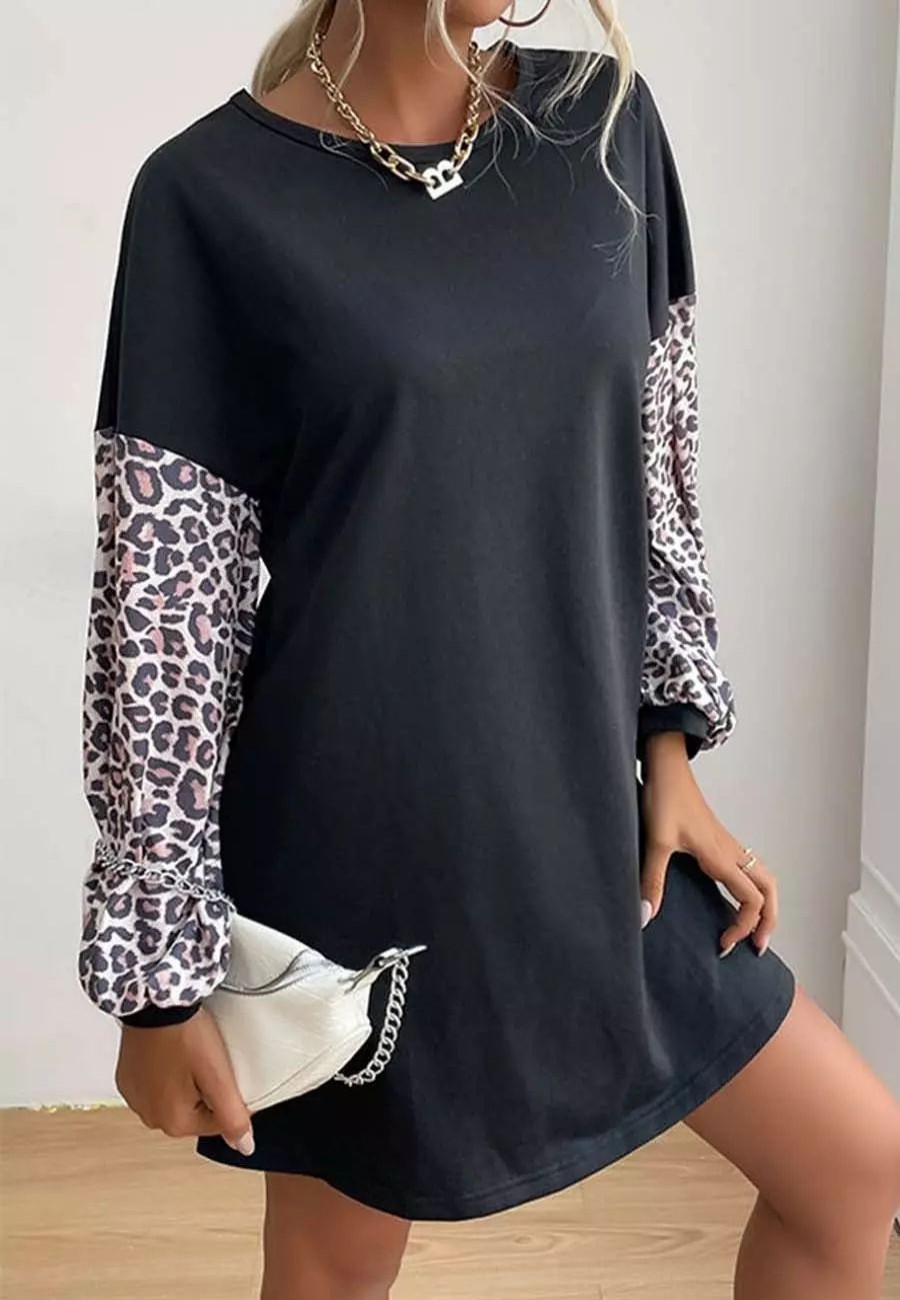 Dresses * | Anna-Kaci Two Tone Leopard Print Dress Black