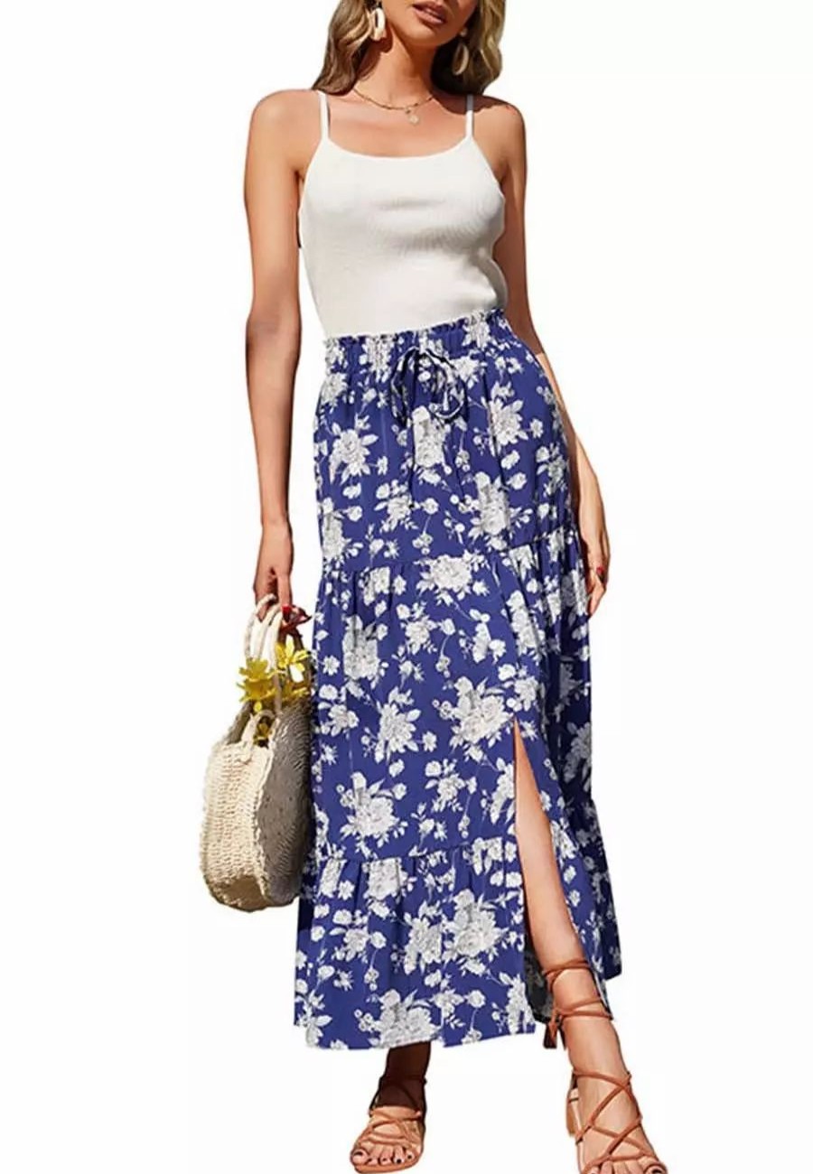 Skirts * | Anna-Kaci Shirred Waist Floral Maxi Skirt Navy