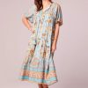 Dresses * | B.O.G. Collective Rosa Light Teal Border Midi Dress Light Teal/Gold