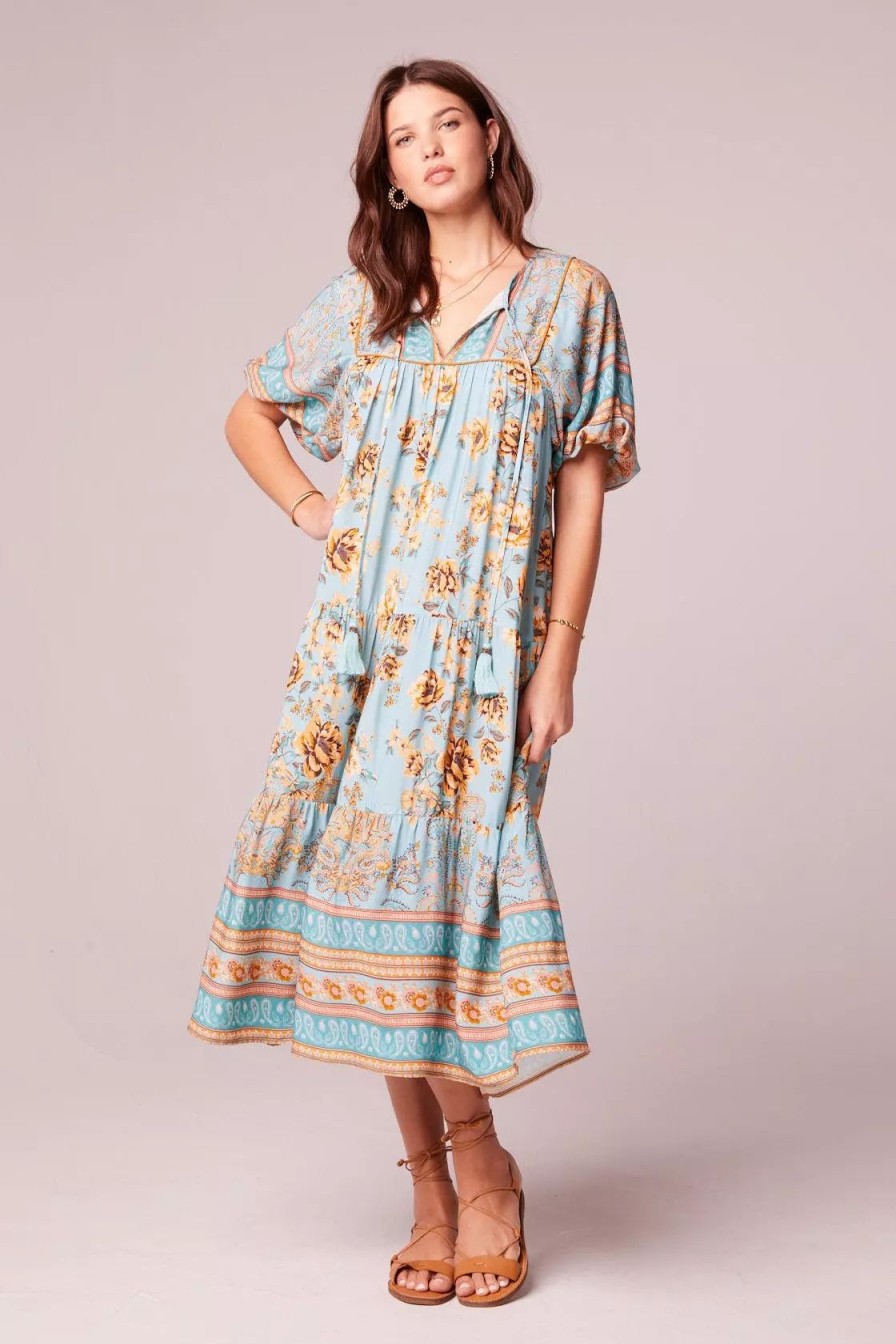 Dresses * | B.O.G. Collective Rosa Light Teal Border Midi Dress Light Teal/Gold