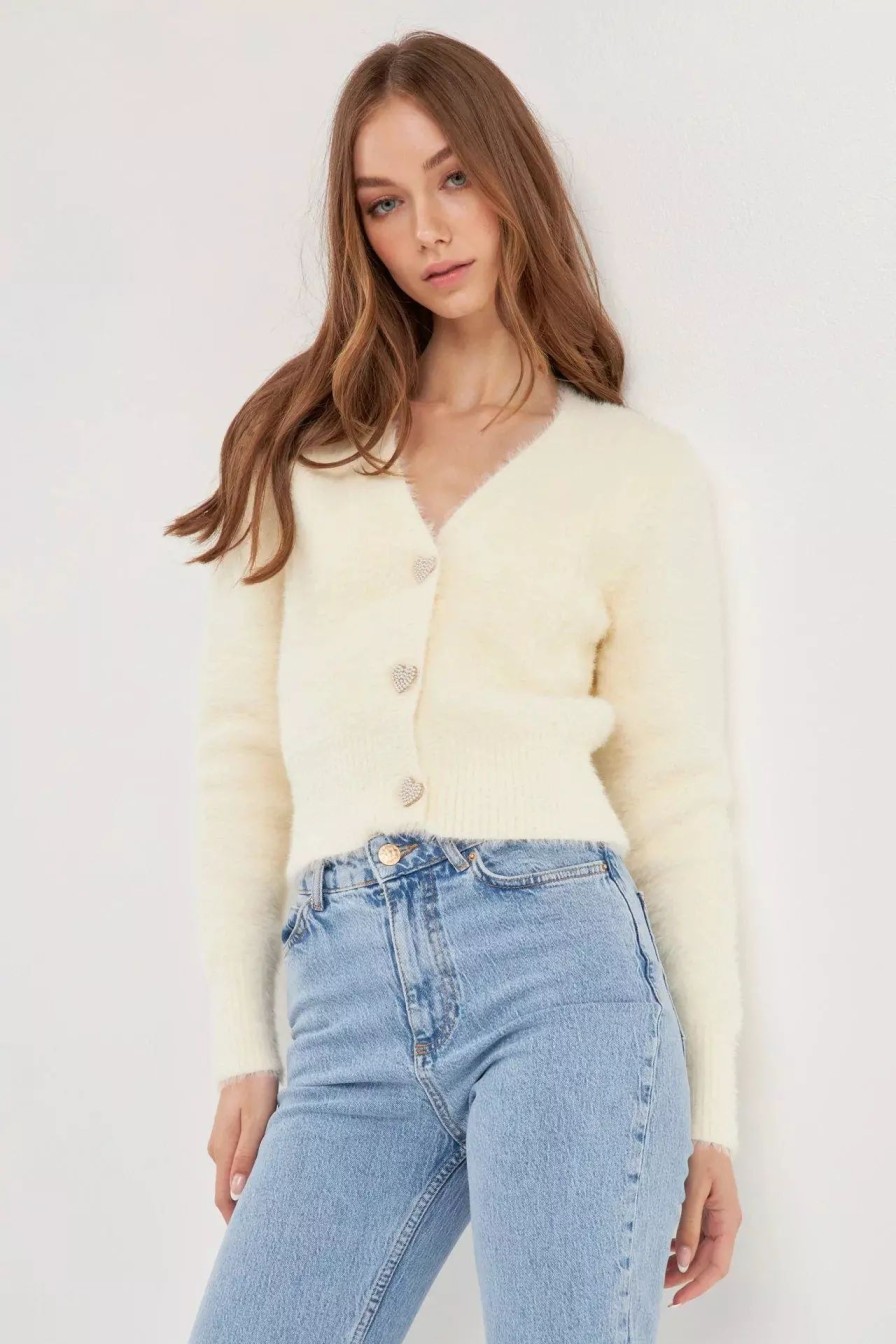 Sweatshirts & Sweaters * | English Factory Eathered Plush Heart Buttoned Cardigan Cream