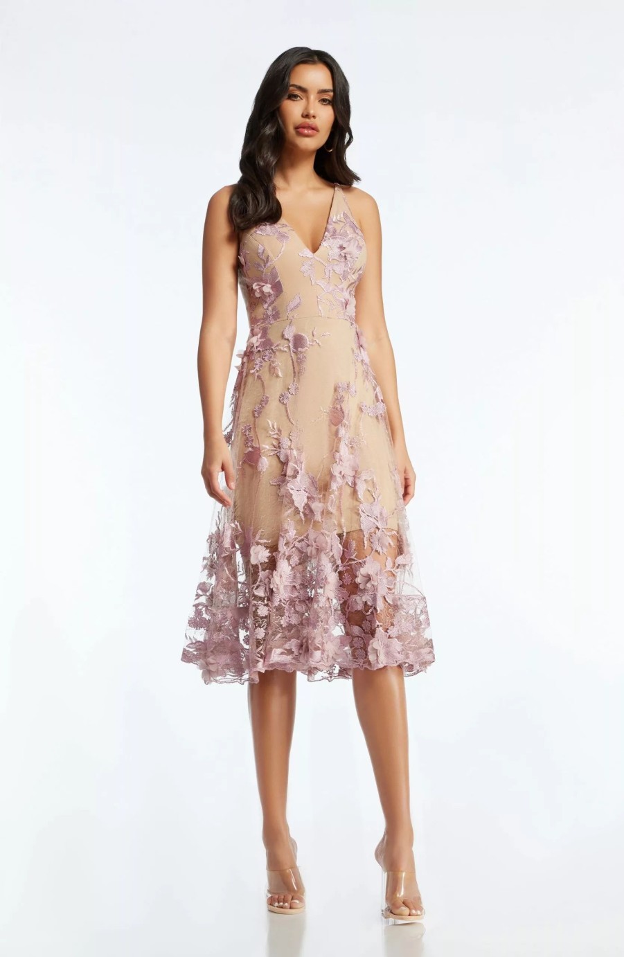 Dresses * | Dress The Population Audrey Dress Lilac/Nude