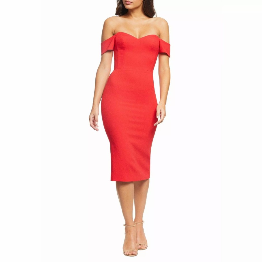 Dresses * | Dress The Population Bailey Pencil Skirt Flattering Crepe Dress Rouge