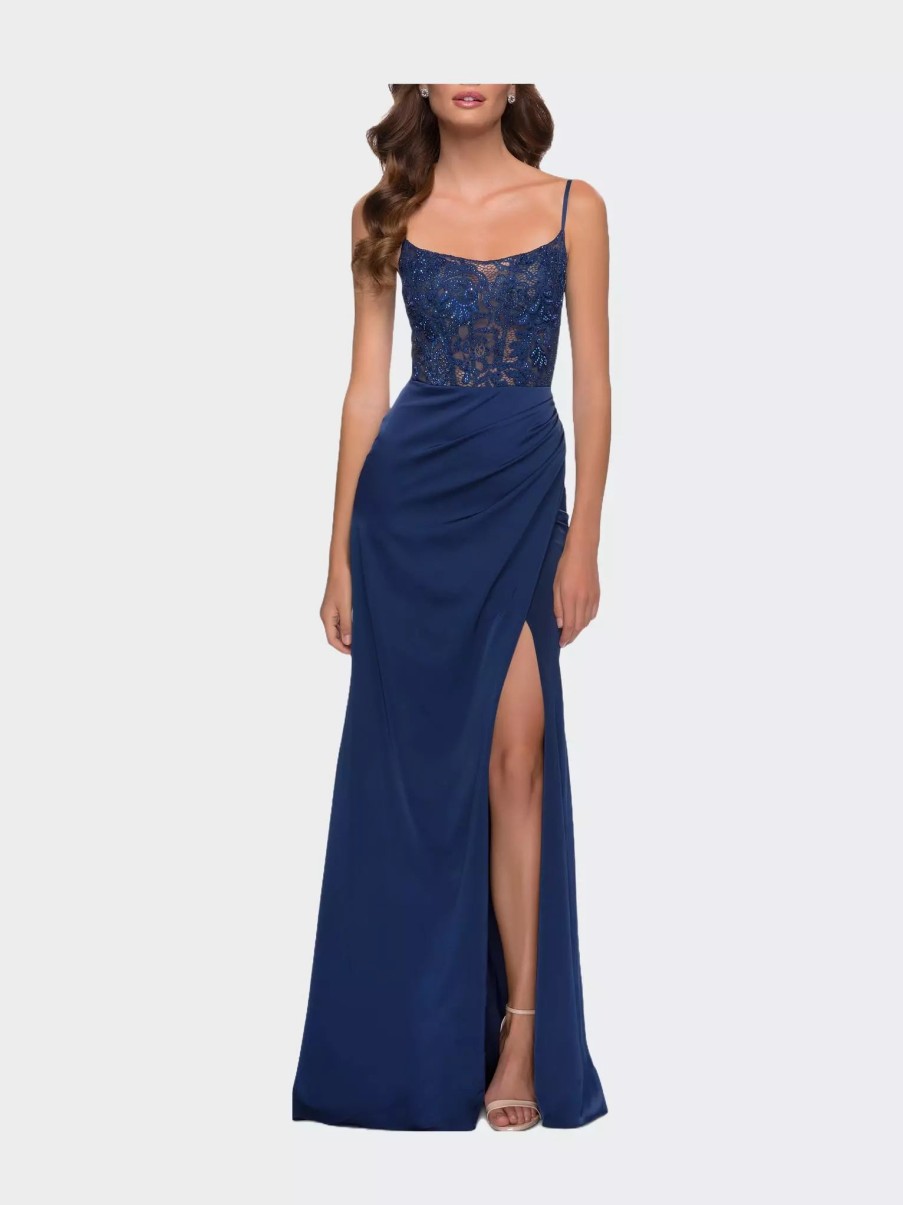 Dresses * | La Femme Satin Dress With Sheer Lace Bodice And Slit Navy