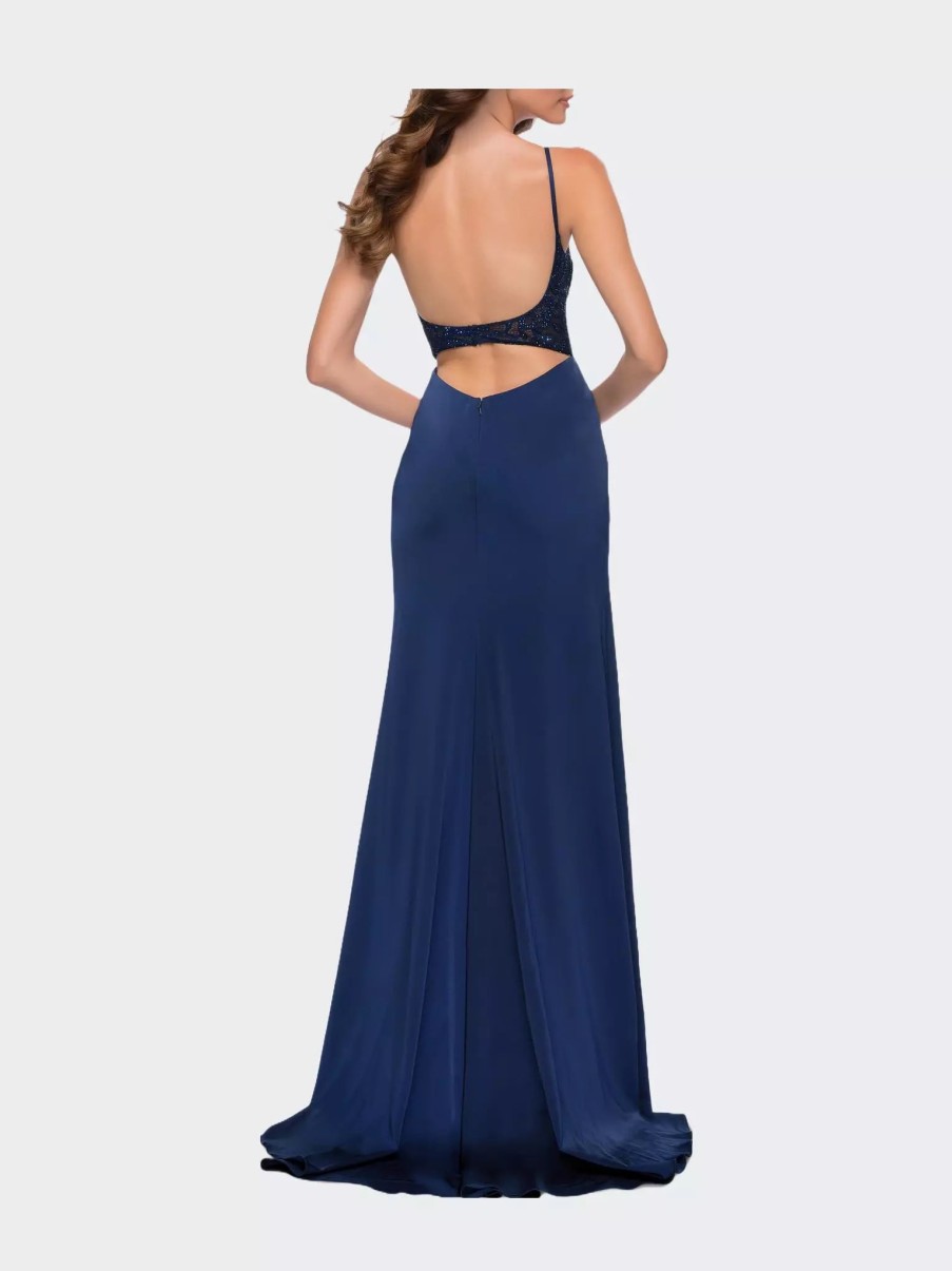 Dresses * | La Femme Satin Dress With Sheer Lace Bodice And Slit Navy