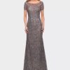 Dresses * | La Femme Beaded Long Dress With Illusion Top And Sleeves Silver