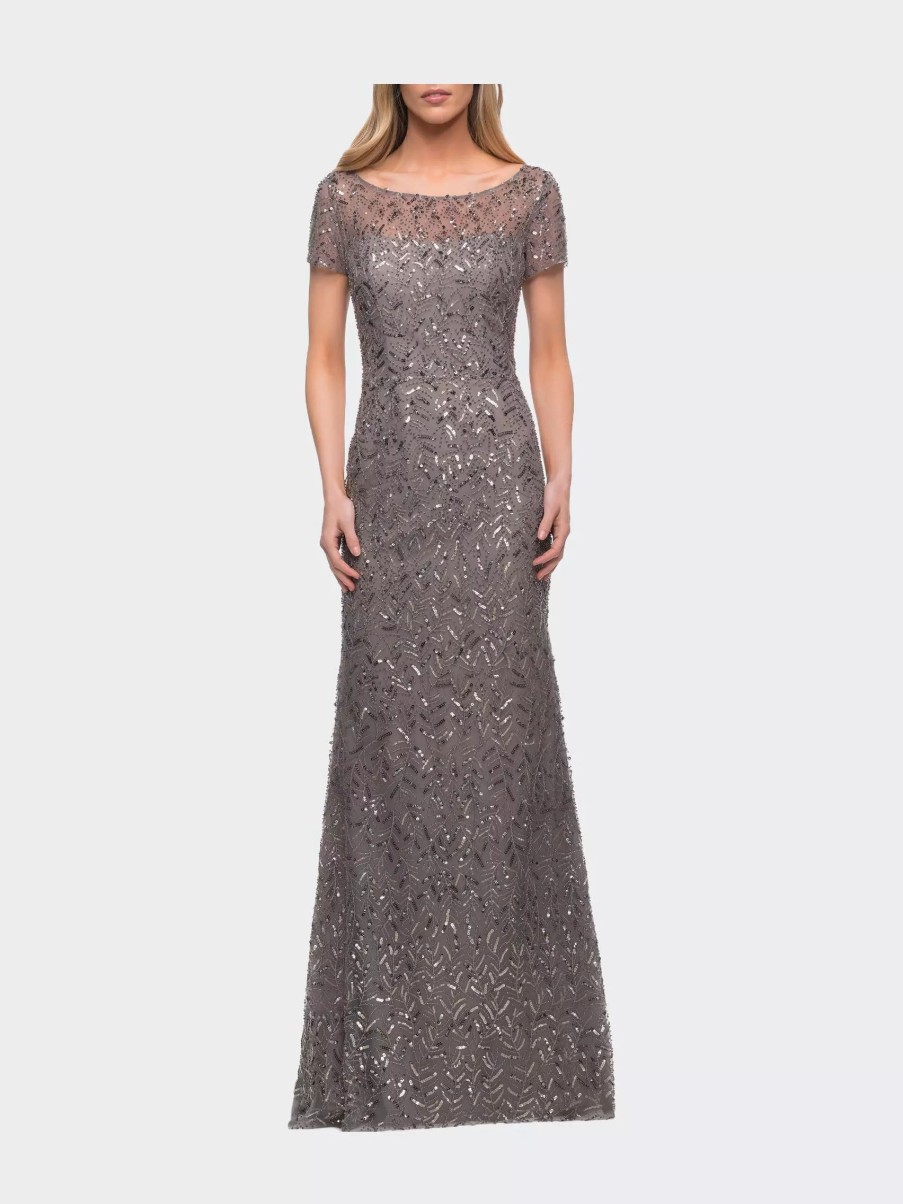 Dresses * | La Femme Beaded Long Dress With Illusion Top And Sleeves Silver