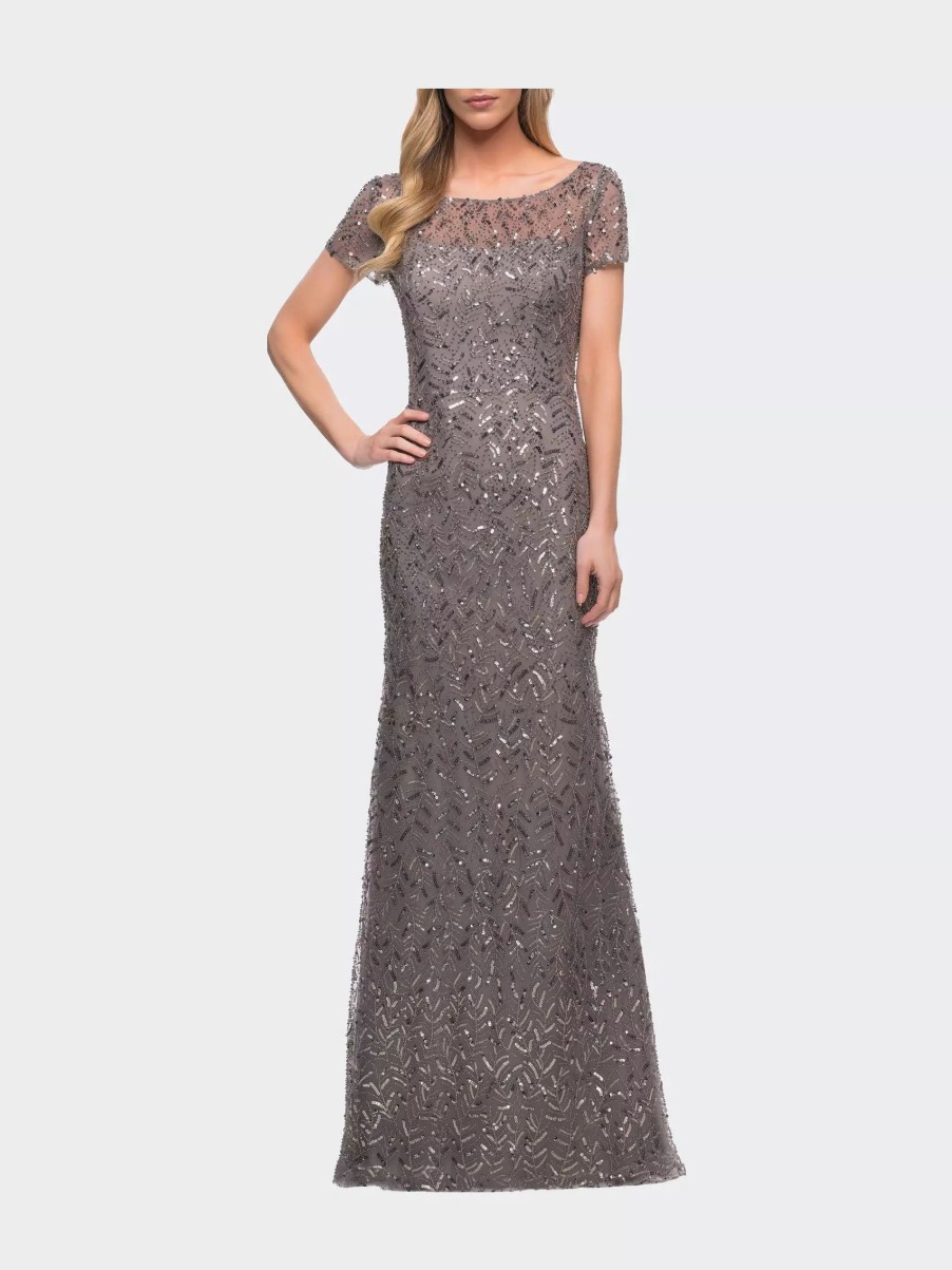 Dresses * | La Femme Beaded Long Dress With Illusion Top And Sleeves Silver