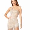 Dresses * | Lara 29291 One Shoulder Cocktail Dress With Fringes Nude/Silver